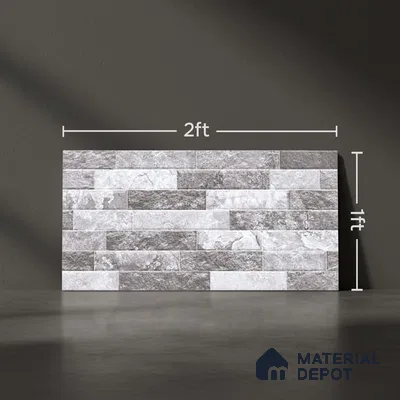 Grey Stacked Stone Wall Tile TL 06721 B Lustra Stormstone Grey 2 ft x 1 ft Ceramic Carving Satin Finish - 9 mm |  | Suitable for Living Room, Bedroom, Bathroom