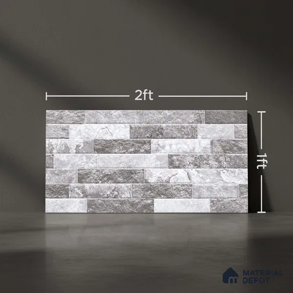 Grey Stacked Stone Wall Tile TL 06721 B Lustra Stormstone Grey 2 ft x 1 ft Ceramic Carving Satin Finish - 9 mm | | Suitable for Living Room, Bedroom, Bathroom