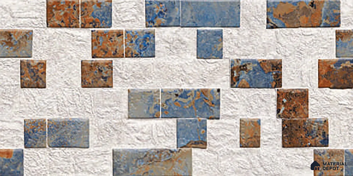 Multi Colour Stacked Stone Wall Tile TL 06722 B Lustra Embered Summit 2 ft x 1 ft Ceramic Carving Satin Finish - 9 mm | | Suitable for Living Room, Bedroom, Bathroom