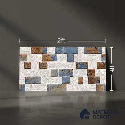 Multi Colour Stacked Stone Wall Tile TL 06722 B Lustra Embered Summit 2 ft x 1 ft Ceramic Carving Satin Finish - 9 mm |  | Suitable for Living Room, Bedroom, Bathroom