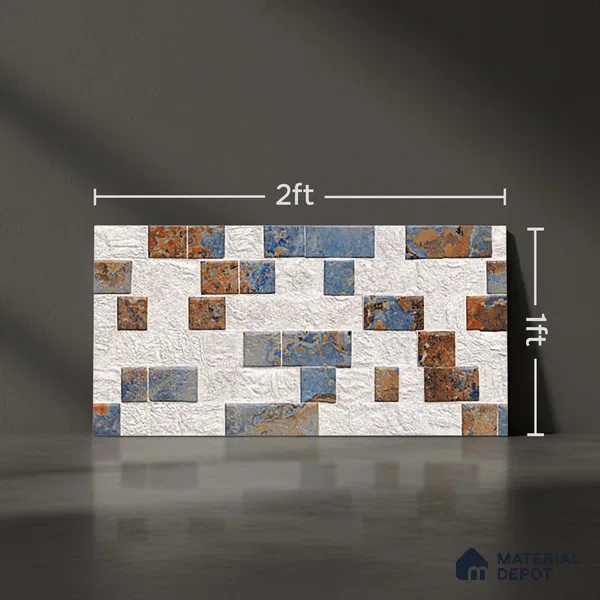 Multi Colour Stacked Stone Wall Tile TL 06722 B Lustra Embered Summit 2 ft x 1 ft Ceramic Carving Satin Finish - 9 mm | | Suitable for Living Room, Bedroom, Bathroom