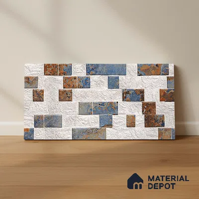 Multi Colour Stacked Stone Wall Tile TL 06722 B Lustra Embered Summit 2 ft x 1 ft Ceramic Carving Satin Finish - 9 mm |  | Suitable for Living Room, Bedroom, Bathroom