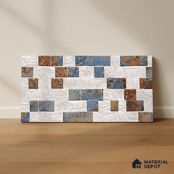 Multi Colour Stacked Stone Wall Tile TL 06722 B Lustra Embered Summit 2 ft x 1 ft Ceramic Carving Satin Finish - 9 mm | | Suitable for Living Room, Bedroom, Bathroom