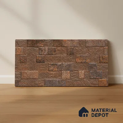 Brown Stacked Stone Wall Tile TL 06722 C Lustra Coppered Peaks 2 ft x 1 ft Ceramic Carving Satin Finish - 9 mm |  | Suitable for Living Room, Bedroom, Bathroom
