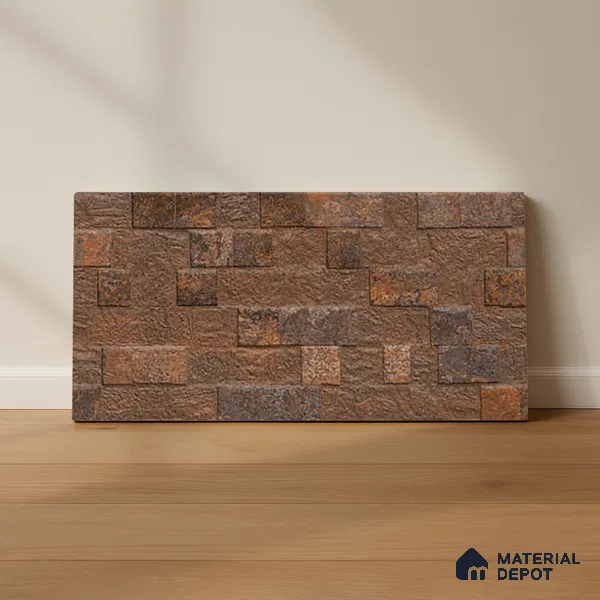 Brown Stacked Stone Wall Tile TL 06722 C Lustra Coppered Peaks 2 ft x 1 ft Ceramic Carving Satin Finish - 9 mm | | Suitable for Living Room, Bedroom, Bathroom