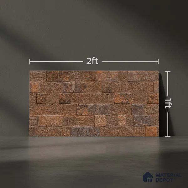 Brown Stacked Stone Wall Tile TL 06722 C Lustra Coppered Peaks 2 ft x 1 ft Ceramic Carving Satin Finish - 9 mm | | Suitable for Living Room, Bedroom, Bathroom