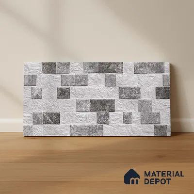 Grey Stacked Stone Wall Tile TL 06722 D Lustra Ashen Heights 2 ft x 1 ft Ceramic Carving Satin Finish - 9 mm |  | Suitable for Living Room, Bedroom, Bathroom