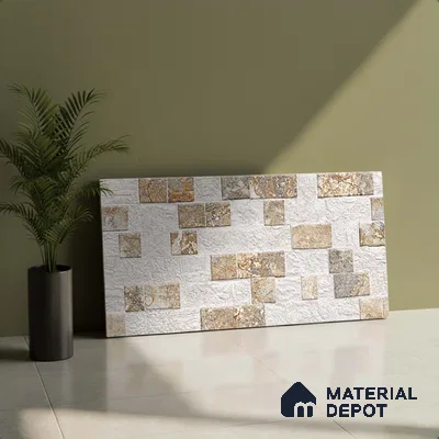 Cream Stacked Stone Wall Tile TL 06722 Lustra Alpine Serenity 2 ft x 1 ft Ceramic Carving Satin Finish - 9 mm |  | Suitable for Living Room, Bedroom, Bathroom