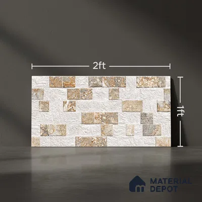 Cream Stacked Stone Wall Tile TL 06722 Lustra Alpine Serenity 2 ft x 1 ft Ceramic Carving Satin Finish - 9 mm |  | Suitable for Living Room, Bedroom, Bathroom