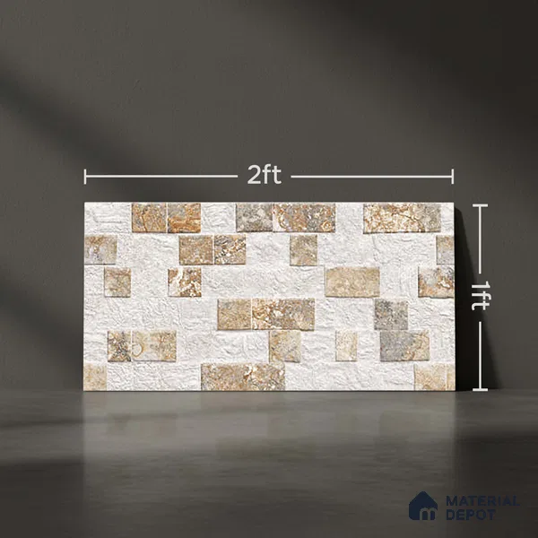 Cream Stacked Stone Wall Tile TL 06722 Lustra Alpine Serenity 2 ft x 1 ft Ceramic Carving Satin Finish - 9 mm |  | Suitable for Living Room, Bedroom, Bathroom