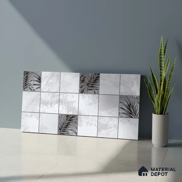 Grey Highlighter Wall Tile TL 06727 Lustra Floral Nimbus 2 ft x 1 ft Ceramic Carving Satin Finish - 9 mm | Suitable For Kitchen, Bathroom, Balcony & Accent/Feature Wall