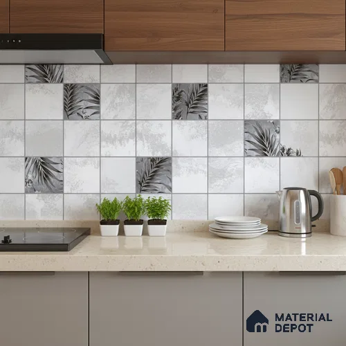 Grey Highlighter Wall Tile TL 06727 Lustra Floral Nimbus 2 ft x 1 ft Ceramic Carving Satin Finish - 9 mm | | Suitable for Living Room, Bedroom, Bathroom