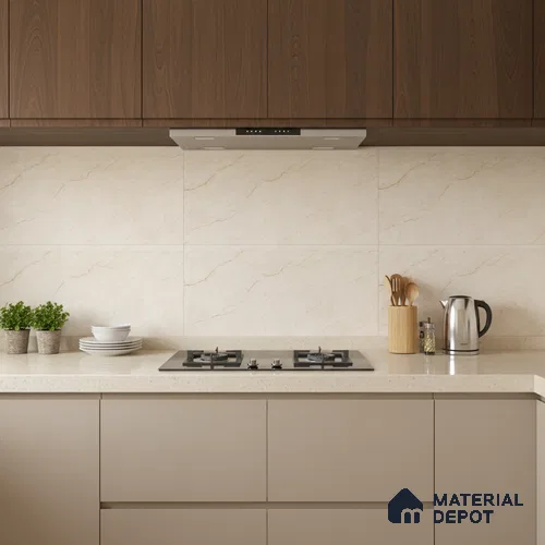 Cream Marble Wall Tile TL 06763 Lustra Terra Tab 2 ft x 1 ft Ceramic Carving Satin Finish - 9 mm | | Suitable for Living Room, Bedroom, Bathroom