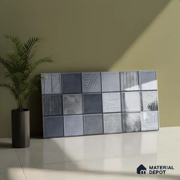 Grey Highlighter Wall Tile TL 06768 C Lustra Miststone Matrix Accent 2 ft x 1 ft Ceramic Glossy Finish - 9 mm | Suitable For Kitchen, Bathroom & Accent/Feature Wall