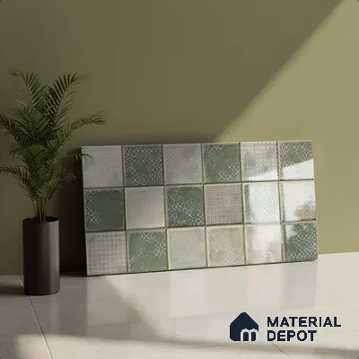 Green Faux Subway Wall Tile TL 06768 I Lustra Moss Matrix Accent 2 ft x 1 ft Ceramic Glossy Finish - 9 mm | Suitable For Kitchen, Bathroom, Dining Area