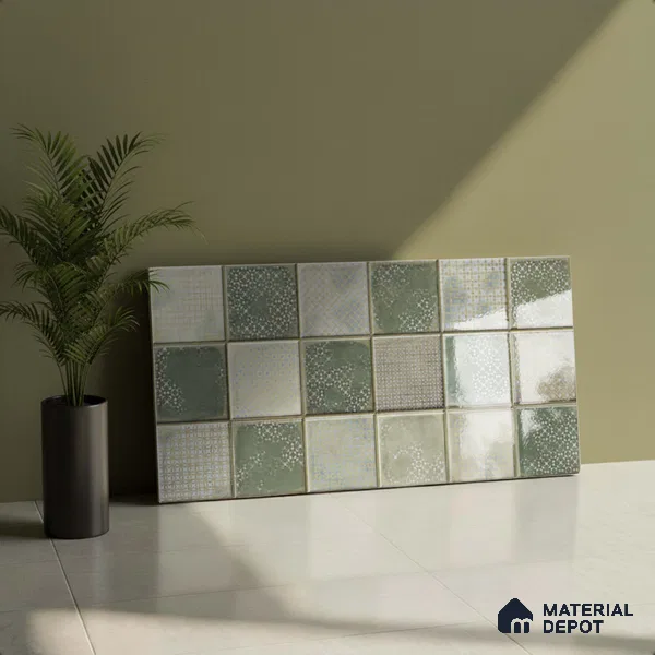 Green Faux Subway Wall Tile TL 06768 I Lustra Moss Matrix Accent 2 ft x 1 ft Ceramic Glossy Finish - 9 mm | Suitable For Kitchen, Bathroom, Dining Area