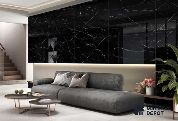 Marble Nero Marquina Wall & Floor Tile TL 06774 Jet Black 4 ft x 2 ft High Gloss Finish Vitrified Tile - 9 mm | Suitable For Living Room, Bedroom, Dining
