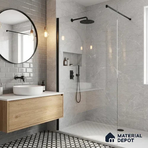 Marble Wall Tile TL 06781 B Terra Mirage HL1 2 ft x 1 ft Light Grey Ceramic Glossy Finish Highlighter Tile - 9 mm | Ideal for Living Room, Bathroom, Kitchen