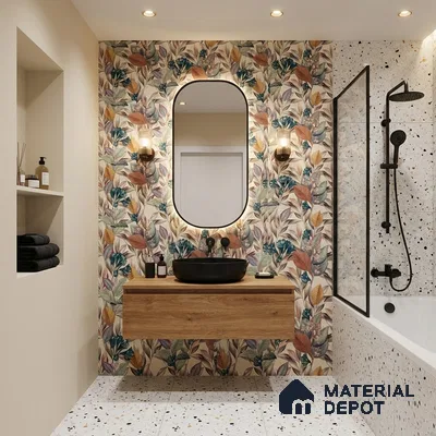 Floral Wall Tile TL 06784 Classic Farnese Motif 2 ft x 1 ft Black Ceramic Matte Finish Tile - 9 mm | Ideal for Living Room, Bathroom, Kitchen | Please Expect a Slight Variation of Pattern