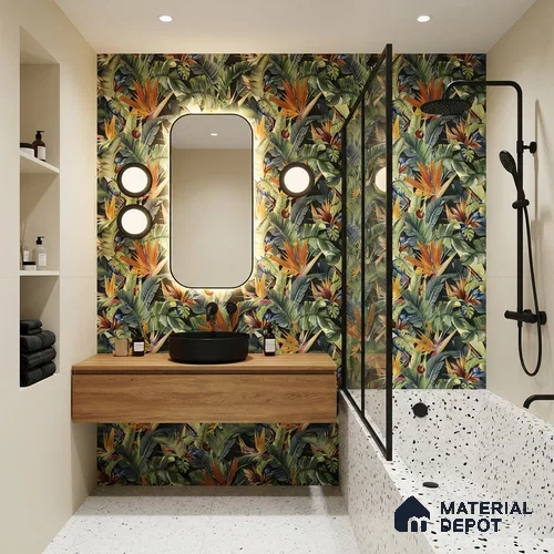 Tropical Wall Tile TL 06787 B Noir Leaf B 2 ft x 1 ft Green Ceramic Matte Finish Pattern 2 Tile - 10 mm | Ideal for Living Room, Bathroom, Kitchen | Please Expect a Slight Variation of Pattern