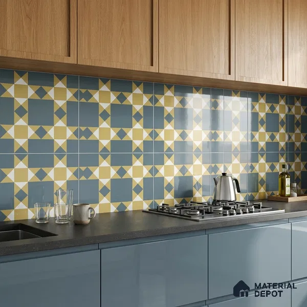 Moroccan Wall & Floor Athangudi Tile TL 06790 Desert Whisper 1 ft x 1 ft Blue Ceramic Glossy Finish Tile - 10 mm | Suitable for Bathroom, Kitchen, Balcony | Please Expect a Slight Variation of Pattern