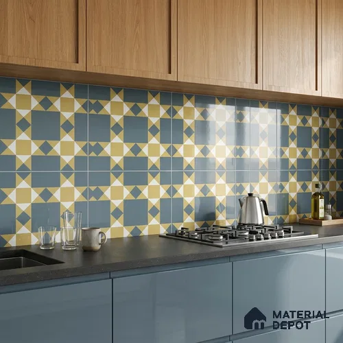 Moroccan Wall & Floor Athangudi Tile TL 06790 Desert Whisper 1 ft x 1 ft Blue Ceramic Glossy Finish Tile - 10 mm | Suitable for Bathroom, Kitchen, Balcony | Please Expect a Slight Variation of Pattern