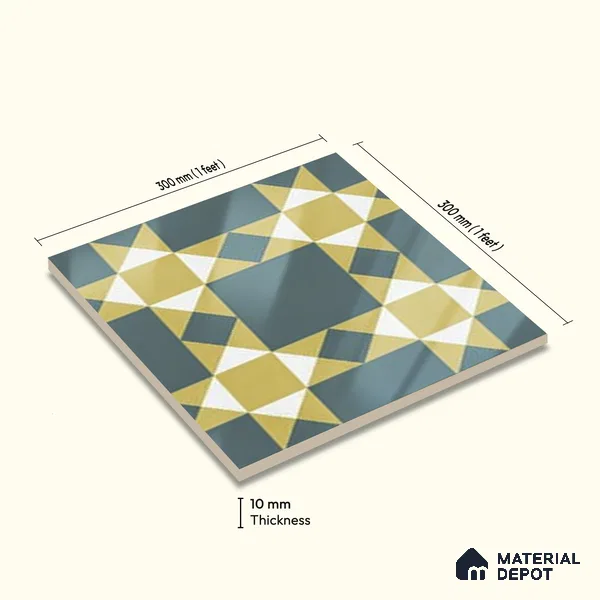 Moroccan Wall & Floor Athangudi Tile TL 06790 Desert Whisper 1 ft x 1 ft Blue Ceramic Glossy Finish Tile - 10 mm | Suitable for Bathroom, Kitchen, Balcony | Please Expect a Slight Variation of Pattern