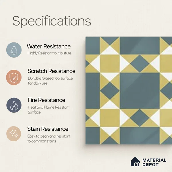 Moroccan Wall & Floor Athangudi Tile TL 06790 Desert Whisper 1 ft x 1 ft Blue Ceramic Glossy Finish Tile - 10 mm | Suitable for Bathroom, Kitchen, Balcony | Please Expect a Slight Variation of Pattern