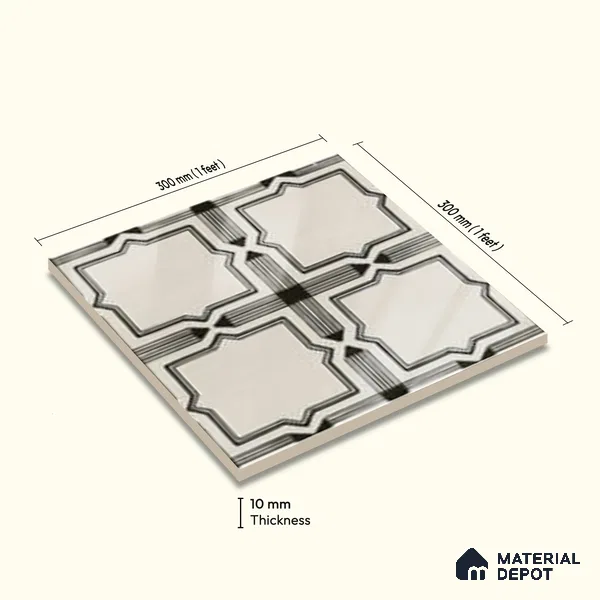 Moroccan Wall & Floor Tile TL 06793 Amalfi Charm 1 ft x 1 ft White Ceramic Glossy Finish Tile - 10 mm | Suitable for Bathroom, Kitchen, Balcony | Please Expect a Slight Variation of Pattern