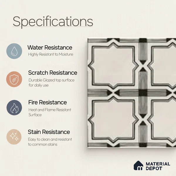 Moroccan Wall & Floor Tile TL 06793 Amalfi Charm 1 ft x 1 ft White Ceramic Glossy Finish Tile - 10 mm | Suitable for Bathroom, Kitchen, Balcony | Please Expect a Slight Variation of Pattern