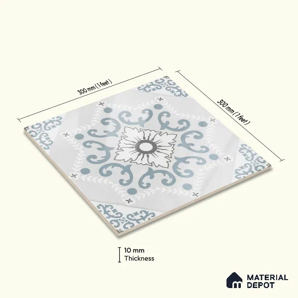 Moroccan Wall & Floor Tile TL 06794 Snowveil Elisa 1 ft x 1 ft Grey Ceramic Glossy Finish Tile - 10 mm | Suitable for Bathroom, Kitchen, Balcony | Please Expect a Slight Variation of Pattern