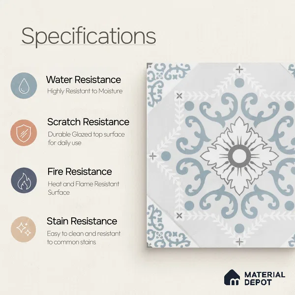 Moroccan Wall & Floor Tile TL 06794 Snowveil Elisa 1 ft x 1 ft Grey Ceramic Glossy Finish Tile - 10 mm | Suitable for Bathroom, Kitchen, Balcony | Please Expect a Slight Variation of Pattern