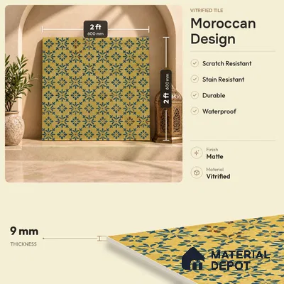 Yellow Moroccan Floor & Wall Tile TL 06807 Lustra Antique Mustardstone 2 ft x 2 ft Vitrified Carving Matte Finish - 9 mm | Suitable For Kitchen, Foyer, Balcony | Please Expect a Slight Variation of Pattern