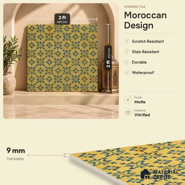 Yellow Moroccan Floor & Wall Tile TL 06807 Lustra Antique Mustardstone 2 ft x 2 ft Vitrified Carving Matte Finish - 9 mm | Suitable For Kitchen, Foyer, Balcony | Please Expect a Slight Variation of Pattern