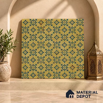 Yellow Moroccan Floor & Wall Tile TL 06807 Lustra Antique Mustardstone 2 ft x 2 ft Vitrified Carving Matte Finish - 9 mm | Suitable For Kitchen, Foyer, Balcony | Please Expect a Slight Variation of Pattern