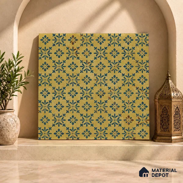 Yellow Moroccan Floor & Wall Tile TL 06807 Lustra Antique Mustardstone 2 ft x 2 ft Vitrified Carving Matte Finish - 9 mm | Suitable For Kitchen, Foyer, Balcony | Please Expect a Slight Variation of Pattern