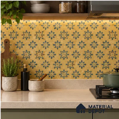 Yellow Moroccan Floor & Wall Tile TL 06807 Lustra Antique Mustardstone 2 ft x 2 ft Vitrified Carving Matte Finish - 9 mm | Suitable For Kitchen, Foyer, Balcony | Please Expect a Slight Variation of Pattern