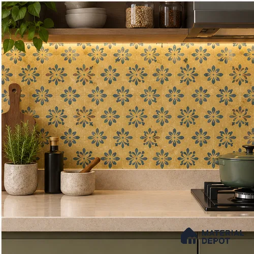 Yellow Moroccan Floor & Wall Tile TL 06807 Lustra Antique Mustardstone 2 ft x 2 ft Vitrified Carving Matte Finish - 9 mm | Suitable For Kitchen, Foyer, Balcony | Please Expect a Slight Variation of Pattern