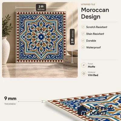 Moroccan Floor & Wall Tile TL 06808 Lustra Azure Arabesque 2 ft x 2 ft Vitrified Carving Matte Finish - 9 mm | Suitable For Kitchen, Accent/Feature Wall, Dining Area | Please Expect a Slight Variation of Pattern
