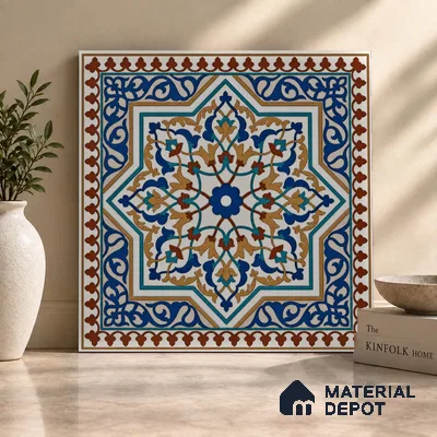 Moroccan Floor & Wall Tile TL 06808 Lustra Azure Arabesque 2 ft x 2 ft Vitrified Carving Matte Finish - 9 mm | Suitable For Kitchen, Accent/Feature Wall, Dining Area | Please Expect a Slight Variation of Pattern