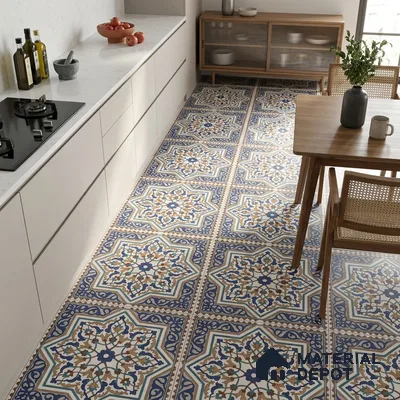 Moroccan Floor & Wall Tile TL 06808 Lustra Azure Arabesque 2 ft x 2 ft Vitrified Carving Matte Finish - 9 mm | Suitable For Kitchen, Accent/Feature Wall, Dining Area | Please Expect a Slight Variation of Pattern
