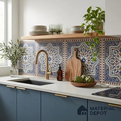 Moroccan Floor & Wall Tile TL 06808 Lustra Azure Arabesque 2 ft x 2 ft Vitrified Carving Matte Finish - 9 mm | Suitable For Kitchen, Accent/Feature Wall, Dining Area | Please Expect a Slight Variation of Pattern