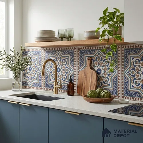 Moroccan Floor & Wall Tile TL 06808 Lustra Azure Arabesque 2 ft x 2 ft Vitrified Carving Matte Finish - 9 mm | Suitable For Kitchen, Accent/Feature Wall, Dining Area | Please Expect a Slight Variation of Pattern