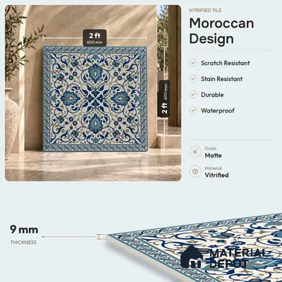 Blue Moroccan Floor & Wall Tile TL 06811 B Lustra Enchanted Mint Bloom 2 ft x 2 ft Vitrified Carving Matte Finish - 9 mm | Suitable for Living Room, Bedroom, Bathroom | Please Expect a Slight Variation of Pattern