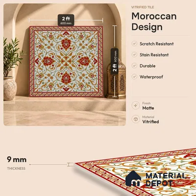 Red Moroccan Floor & Wall Tile TL 06811 Lustra Enchanted Bronze Bloom 2 ft x 2 ft Vitrified Carving Matte Finish - 9 mm | Suitable For Foyer, Accent/Feature Wall, Dining Area | Please Expect a Slight Variation of Pattern