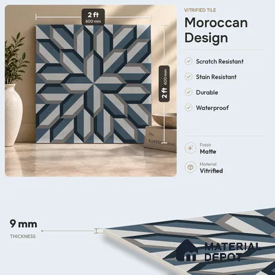 Blue Moroccan Wall & Floor Tile TL 06876 2 ft x 2 ft Vitrified Carving Matte Finish - 9 mm | Suitable For Kitchen, Bathroom, Balcony | Please Expect a Slight Variation of Pattern
