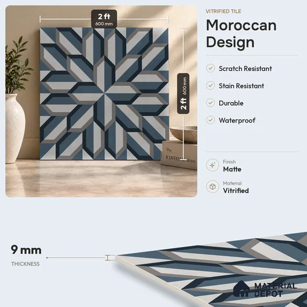 Blue Moroccan Wall & Floor Tile TL 06876 2 ft x 2 ft Vitrified Carving Matte Finish - 9 mm | Suitable For Kitchen, Bathroom, Balcony | Please Expect a Slight Variation of Pattern