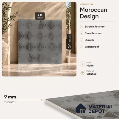 Grey Moroccan Wall & Floor Tile TL 06895   2 ft x 2 ft Vitrified Carving Matte Finish - 9 mm | Suitable for Living Room, Bedroom, Bathroom | Please Expect a Slight Variation of Pattern