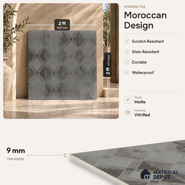 Grey Moroccan Wall & Floor Tile TL 06895   2 ft x 2 ft Vitrified Carving Matte Finish - 9 mm | Suitable for Living Room, Bedroom, Bathroom | Please Expect a Slight Variation of Pattern