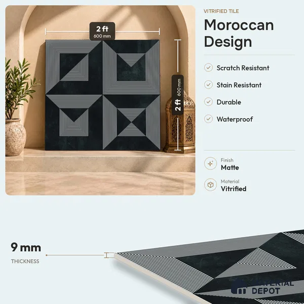 Moroccan Wall & Floor Tile TL 06903 2 ft x 2 ft Vitrified Carving Matte Finish - 9 mm | Suitable For Kitchen, Bathroom, Balcony | Please Expect a Slight Variation of Pattern